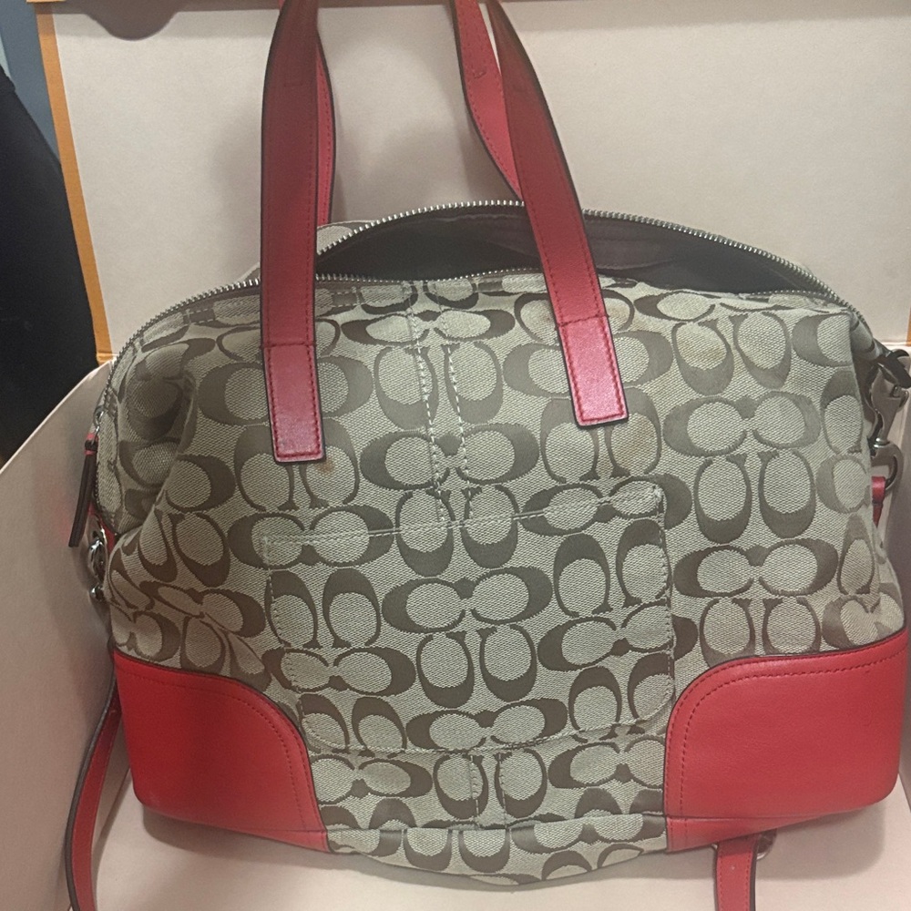 Coach Red and Brown Signature Travel Bag